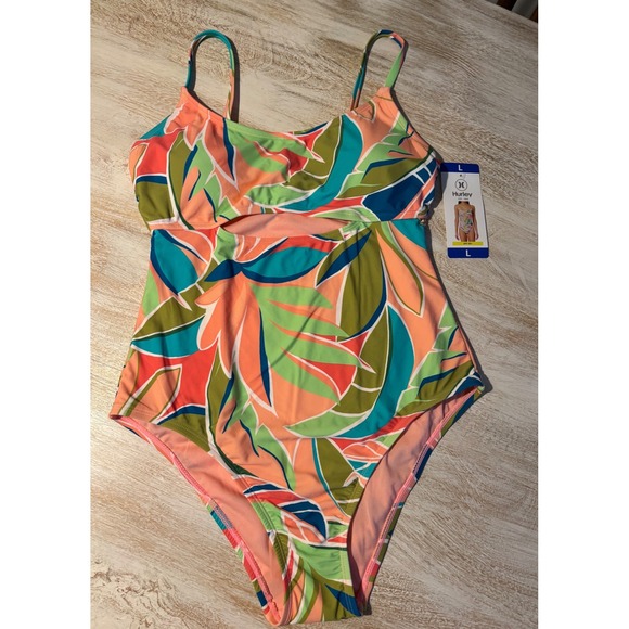 Hurley Other - Hurley Womens One Piece Swimsuit Large Graphic Leaf Citron Cutout UPF 50+ NEW